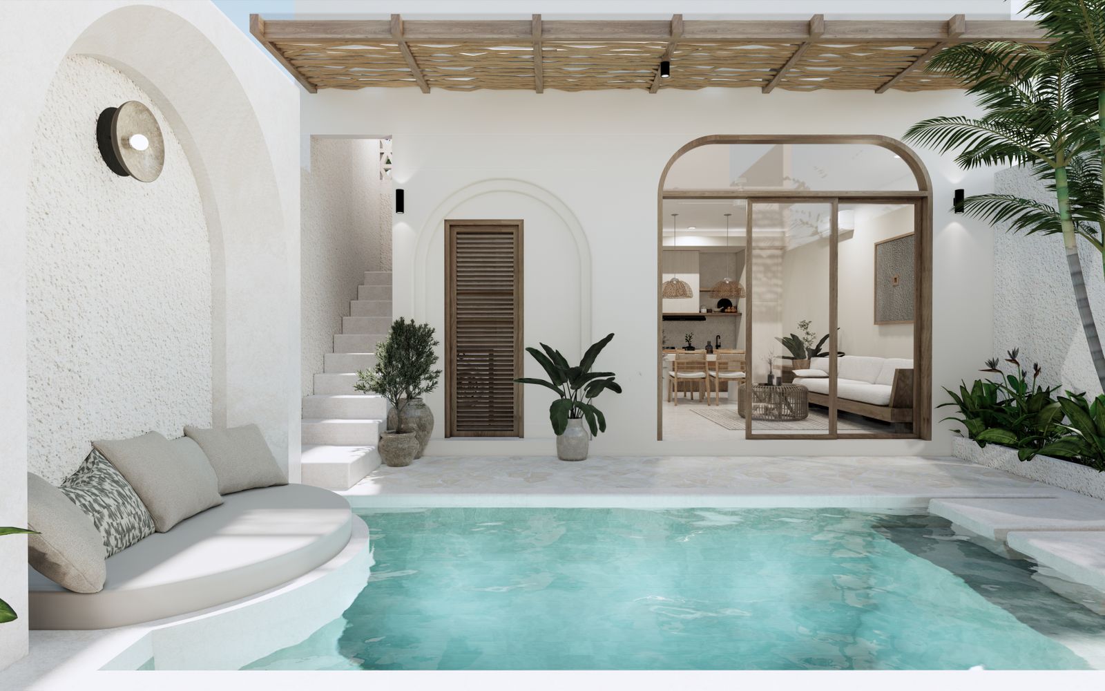 Luxurious Bali villa with private pool, tropical plants, and modern minimalist decor.