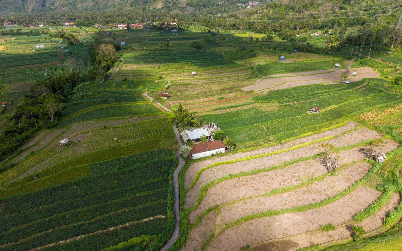 Aerial view of Uluwatu coastline with luxury villas and turquoise ocean