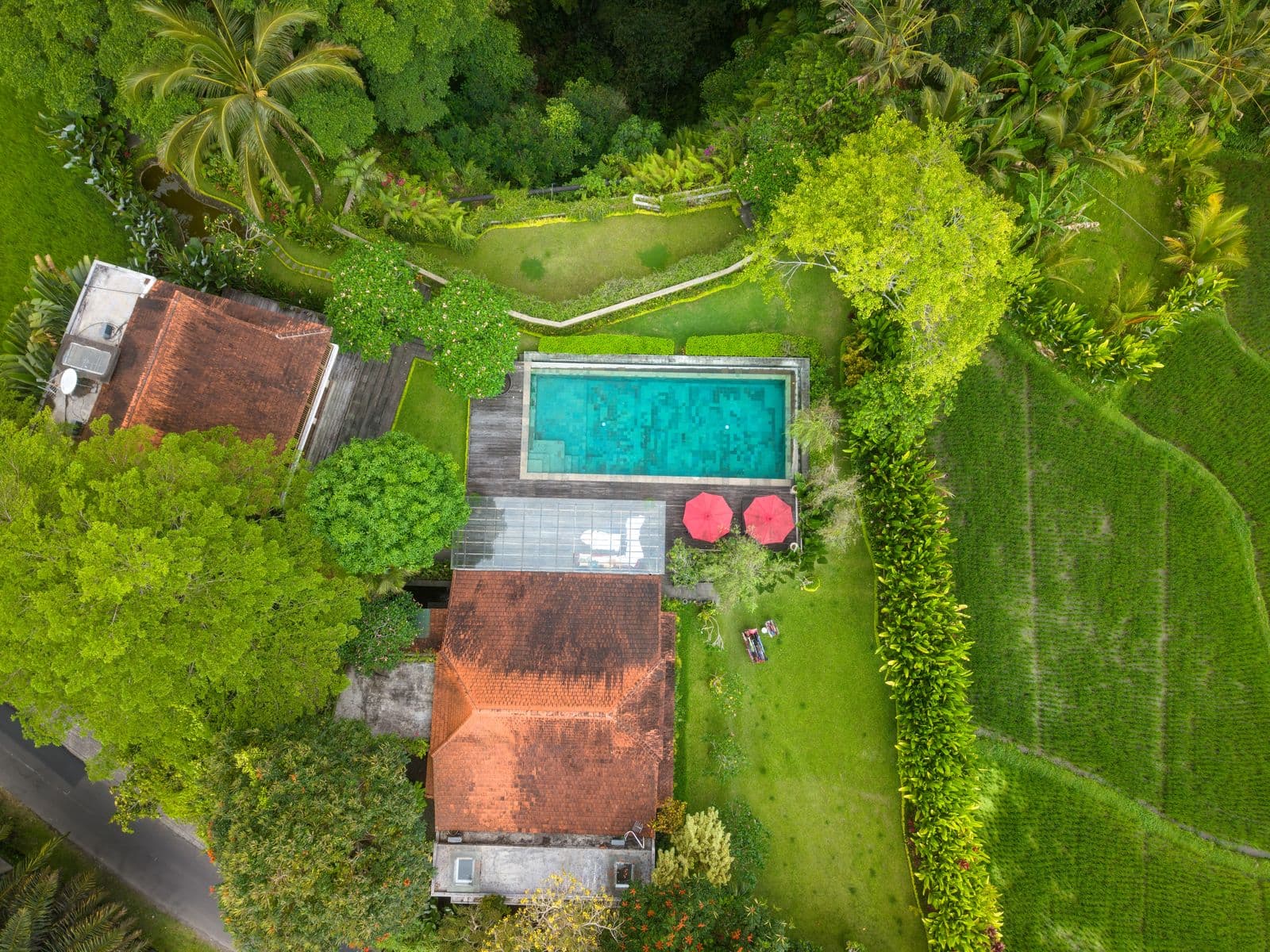 Aerial view of a Bali villa and pool
